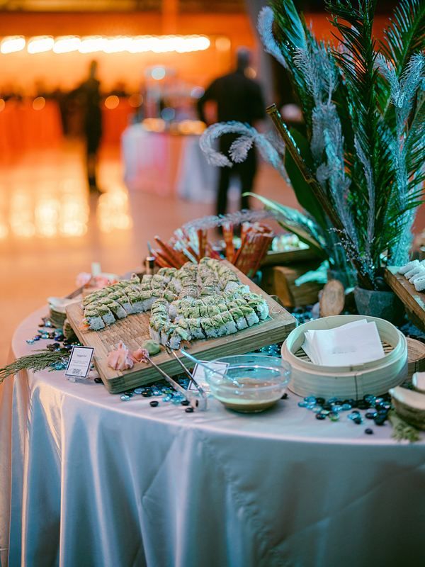 Styled food display on a round table at a corporate event