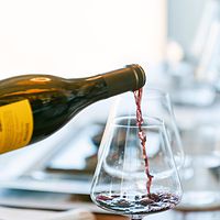 Red wine being poured into a glass at a tasting