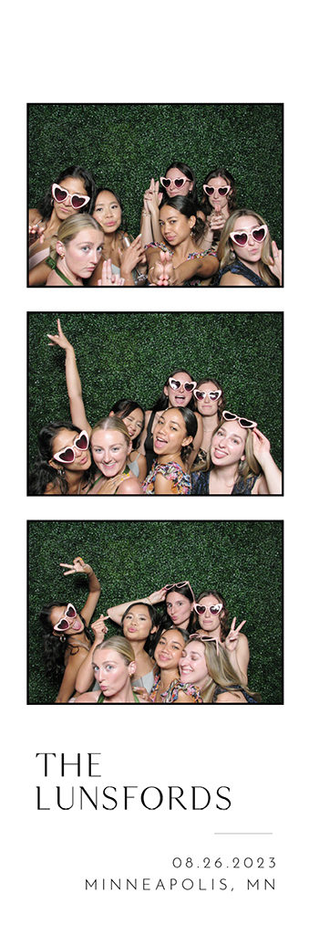 Wedding photo strip of bridesmaids in heart sunglasses against a green hedge wall in Minneapolis