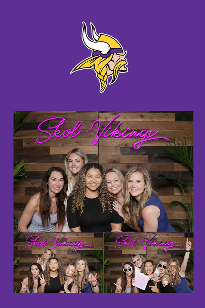 Minnesota Vikings Skol print of a group of women in front of a neon sign wood wall