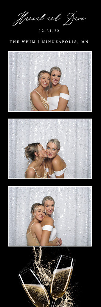 New Year's Eve party photo strip from The Whim in Minneapolis with champagne glasses at the bottom