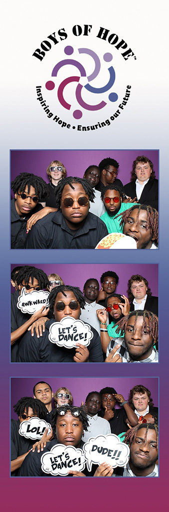 Boys of Hope nonprofit gala photo strip with students holding Let's Dance speech bubble props