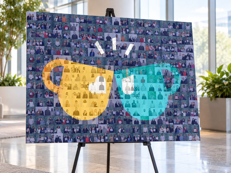 Finished teacup photo mosaic on a board and easel in an office lobby