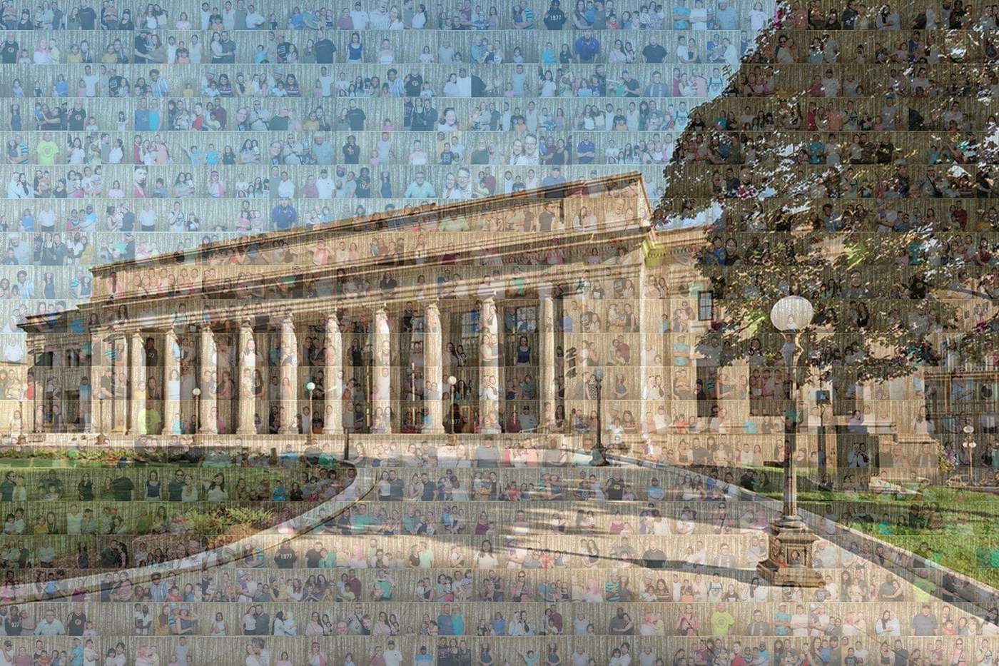 Finished Union Depot photo mosaic wall showing a modern color photo of the depot made from guest photos