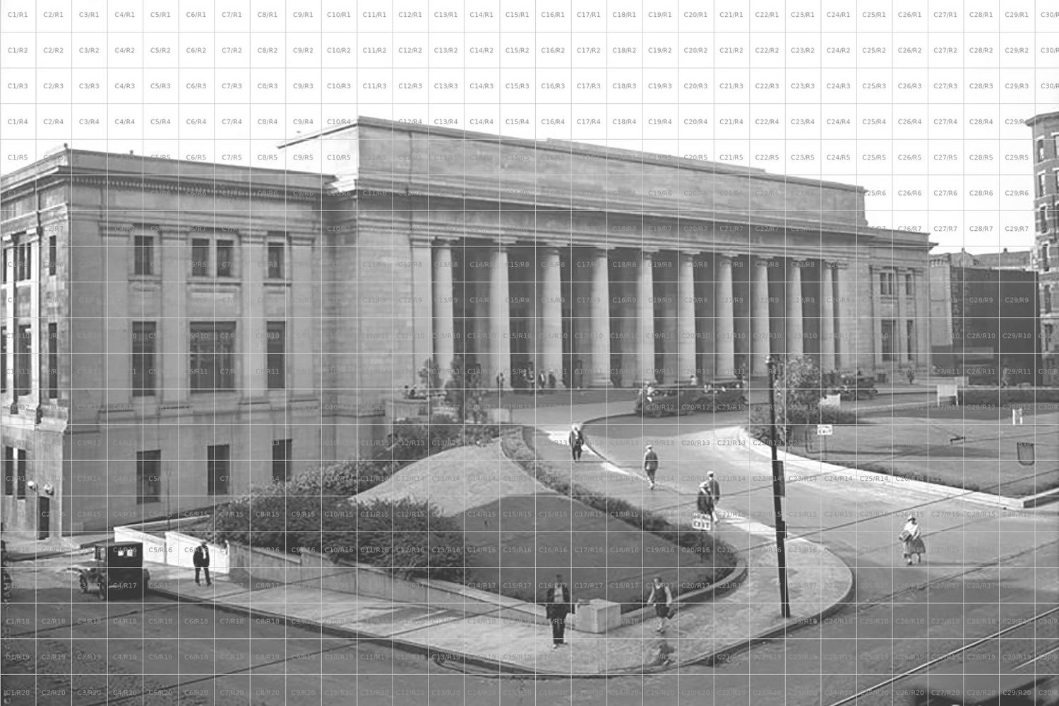 Union Depot photo mosaic board before the event, pre-printed with a historic black and white photo of the depot and a numbered grid