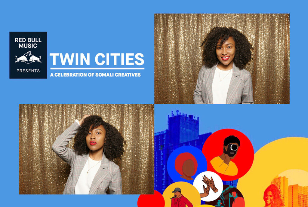 Red Bull Music Twin Cities event print celebrating Somali creatives, guest posing on gold sequins
