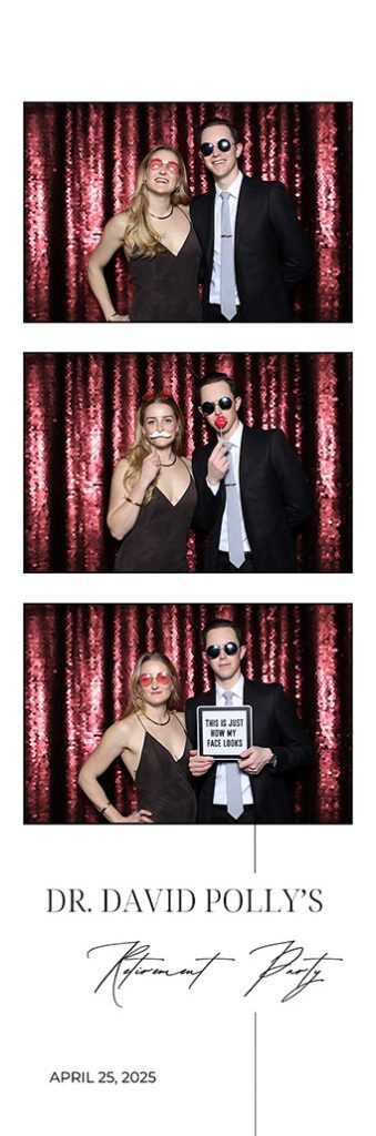 Retirement party photo strip of a couple on a red sequin backdrop with funny sign props