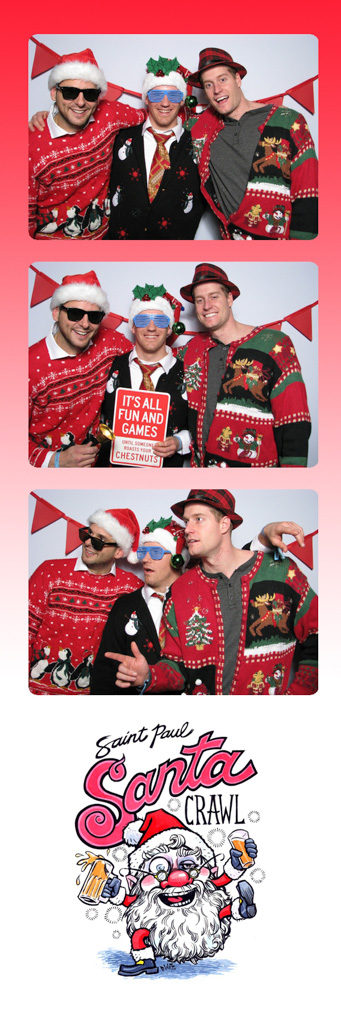 Saint Paul Santa Crawl photo strip with friends in ugly Christmas sweaters and Santa hats