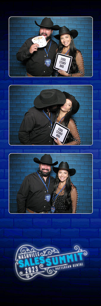 Sales summit photo strip with a guitar neon logo and a couple in cowboy hats on a blue brick backdrop