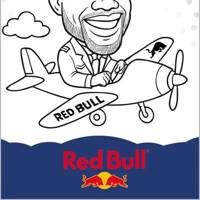 Robot drawn pilot portrait flying a plane on a branded Red Bull card