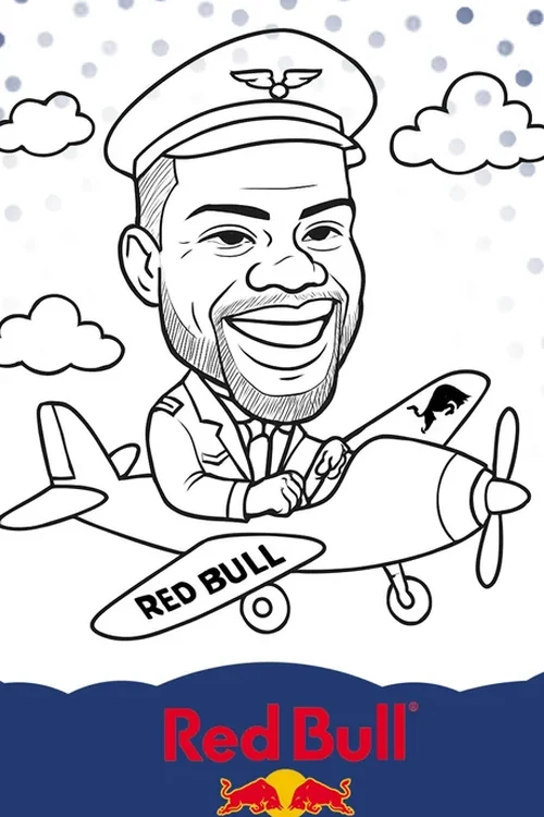 Robot drawn pilot portrait flying a plane on a branded Red Bull card