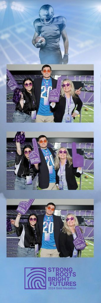Nonprofit fundraiser photo strip on a green screen football stadium with foam finger props
