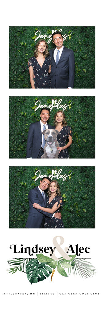 Tropical leaf wedding photo strip of a couple and their dog at a Stillwater golf club wedding