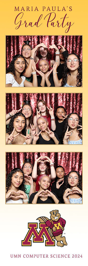 University of Minnesota grad party photo strip with friends making heart hands and a Goldy Gopher logo