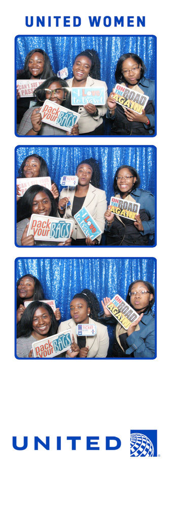 United Airlines women's event photo strip with guests holding props against a blue sequin backdrop