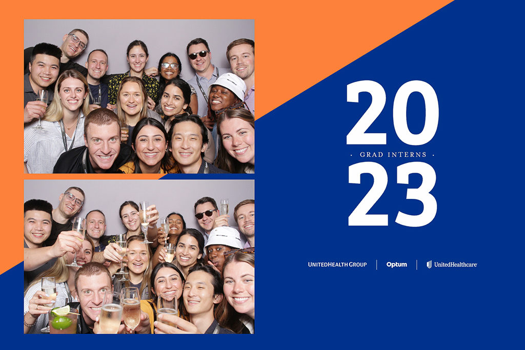 UnitedHealth Group 2023 grad interns print of a big group toasting with champagne