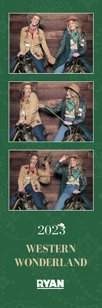 Western Wonderland company party photo strip with two guests in cowboy hats on a saddle